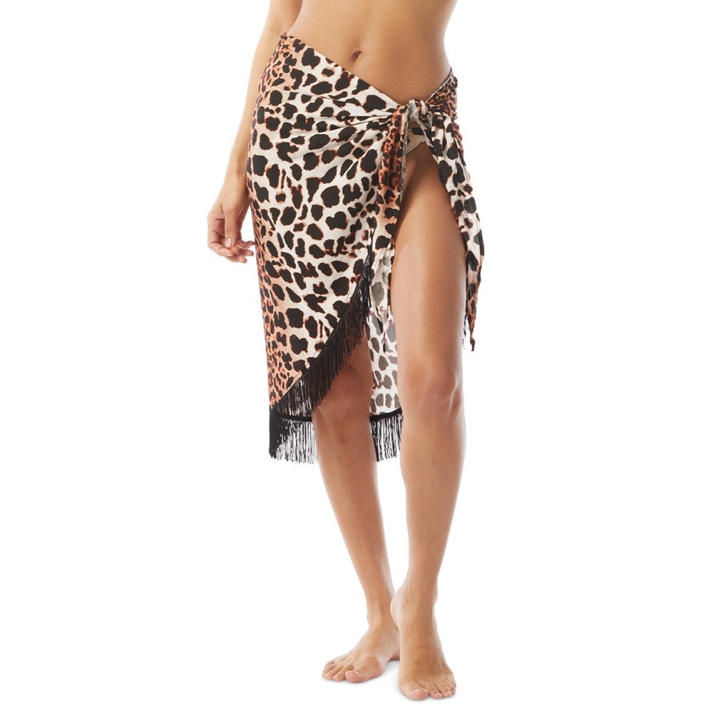 Vince Camuto Women Animal-Print Fringe-Trim Pareo Cover-up Wrap Leopard Print